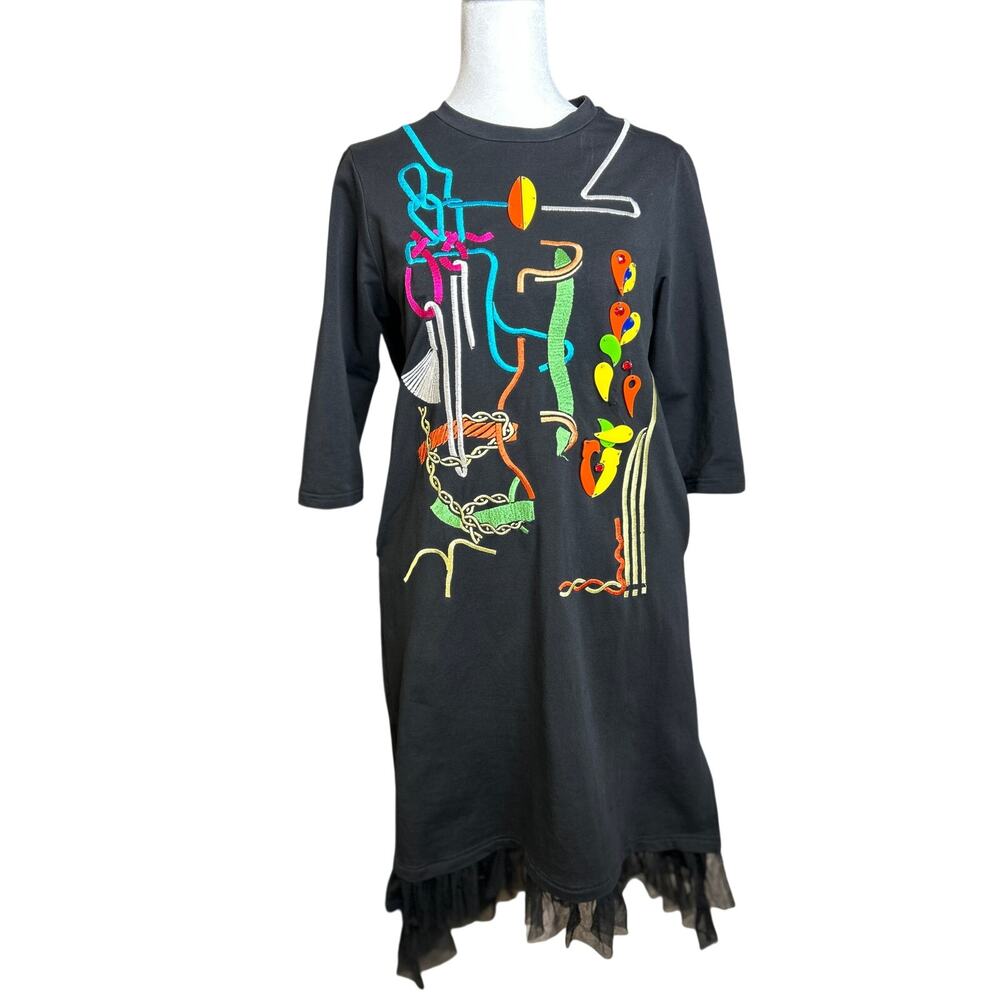 Peter Pilotto Black Colorful Abstract Embroidery Dress Tulle Hem‎ Sz M
